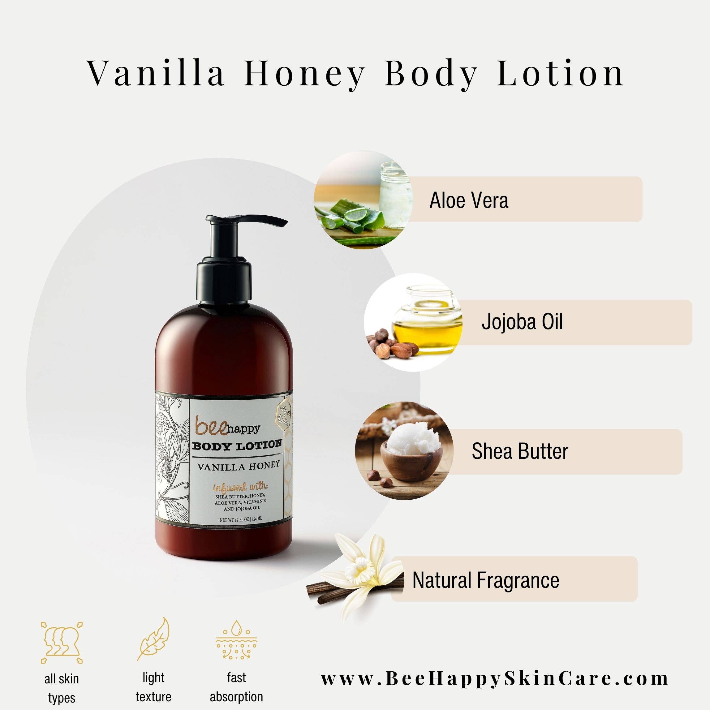 Vanilla honey body lotion with ingredients and brand information on a white background
