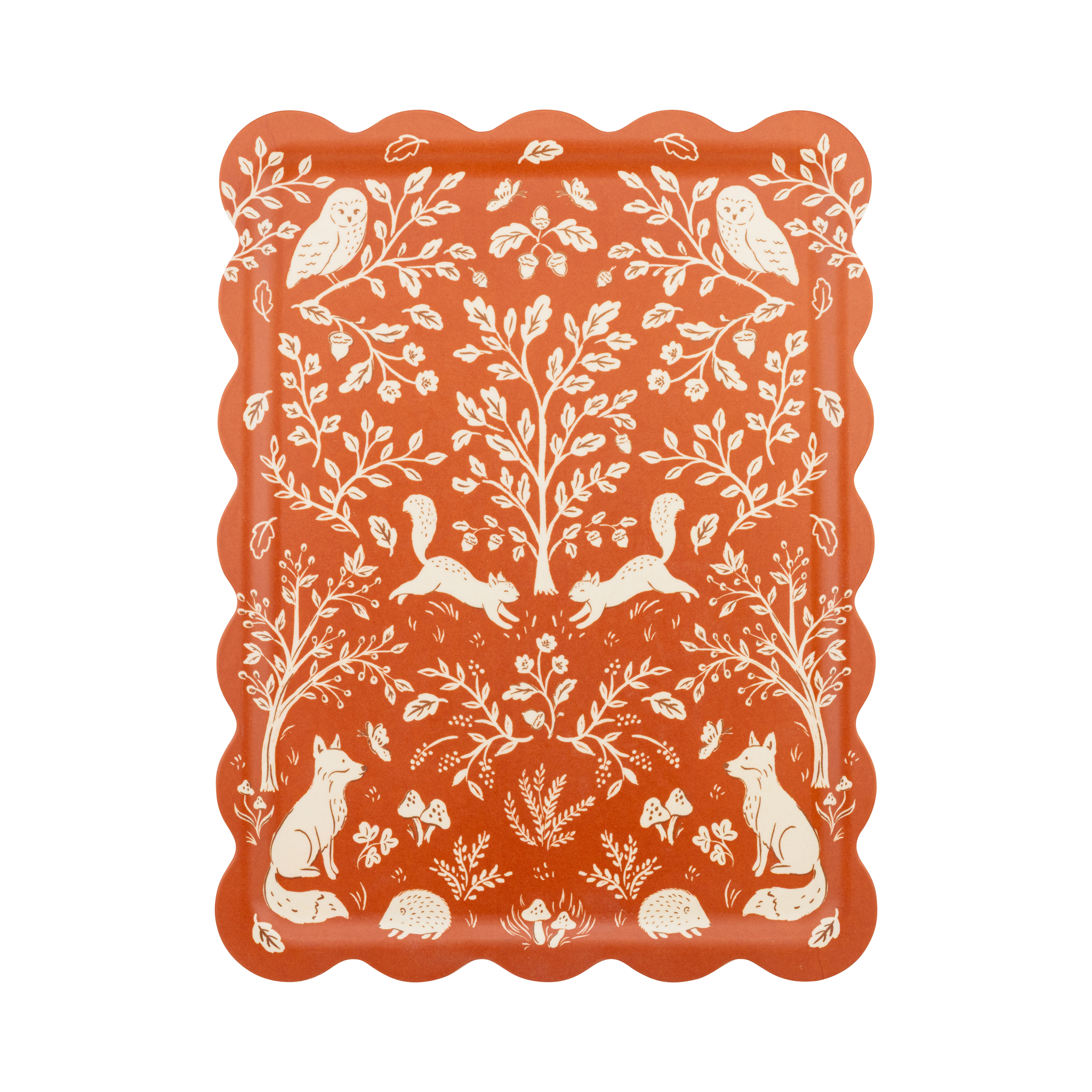 Decorative tray with white animal and nature pattern on a red background