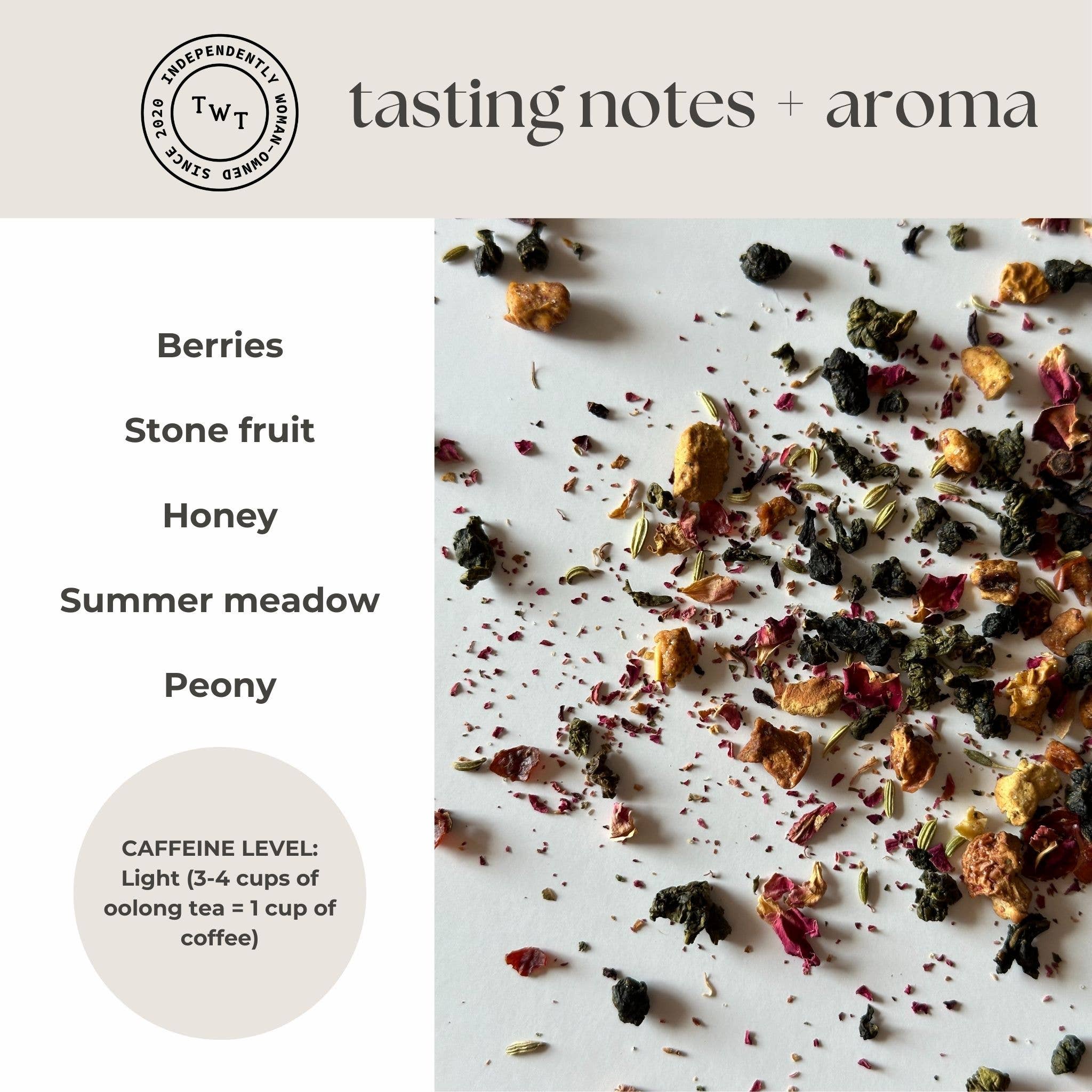 Tea leaves with tasting notes and aroma description on a white background
