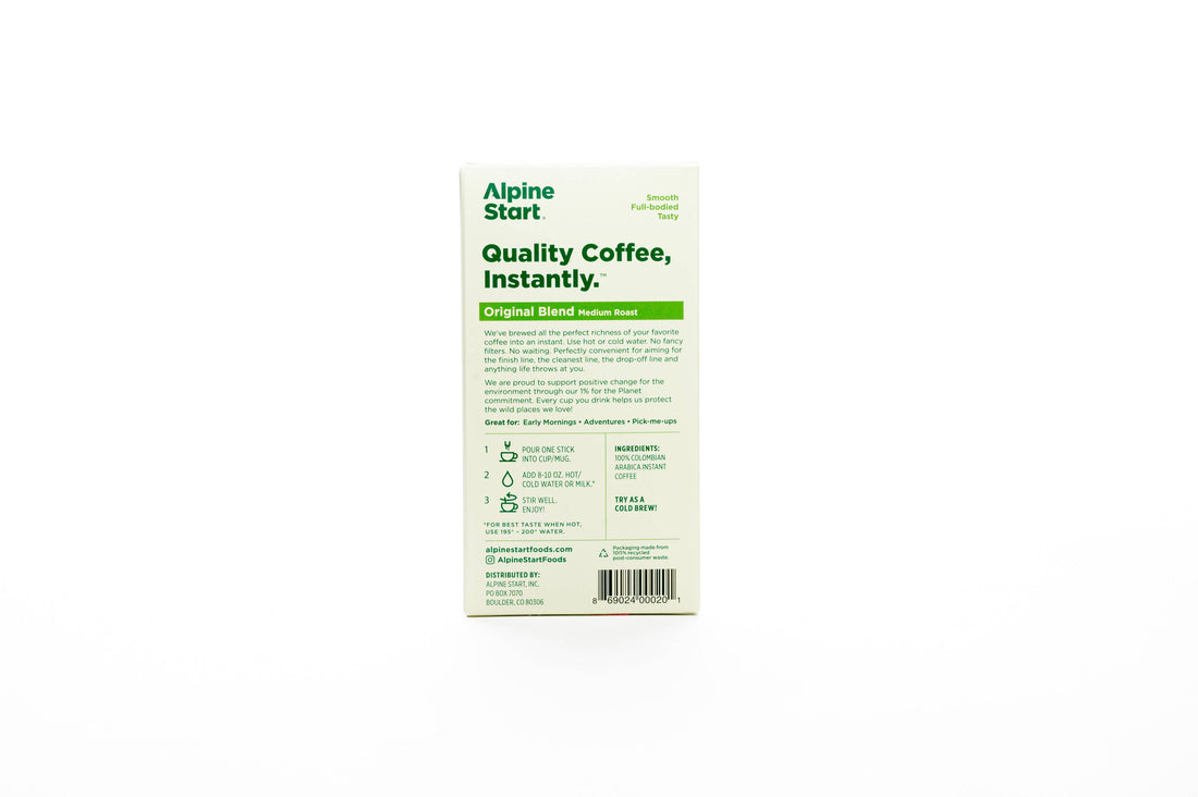 Alpine Start instant coffee package on a white background