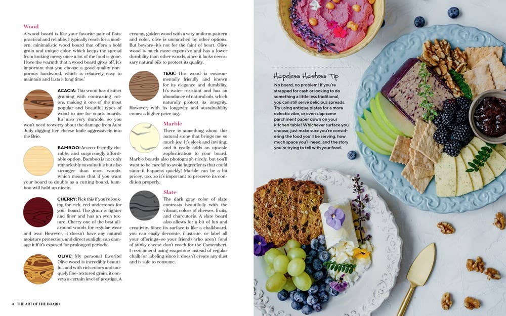 Page from a book showing a cheeseboard with various foods and a color swatch on the left.