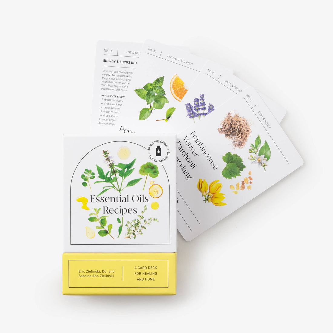 Card deck for essential oils with botanical illustrations on a white background