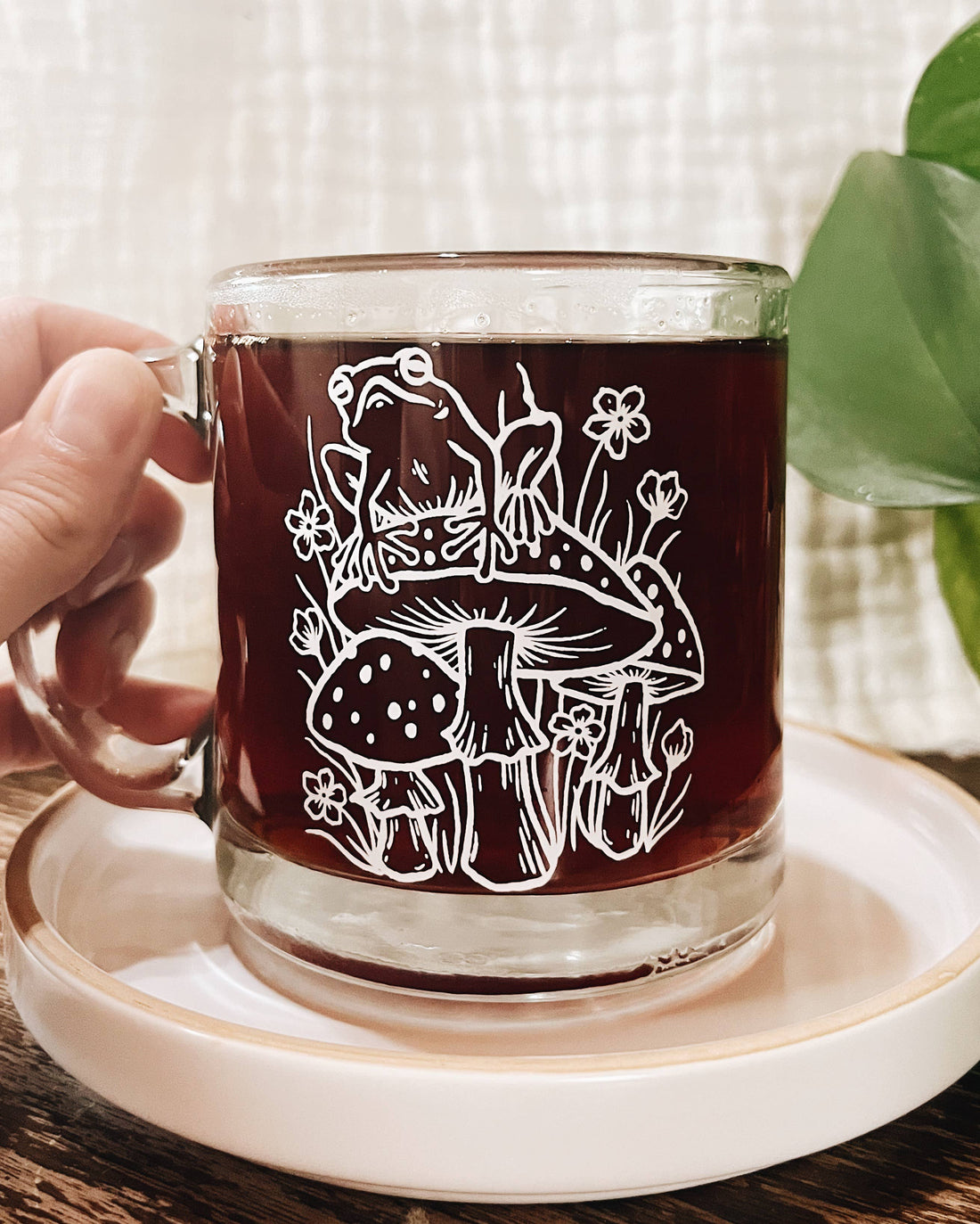 Frog on Mushroom Glass Mug