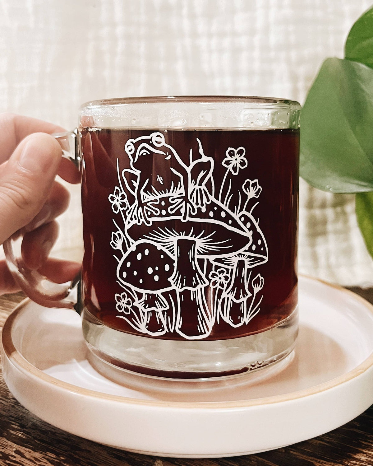 Frog on Mushroom Glass Mug