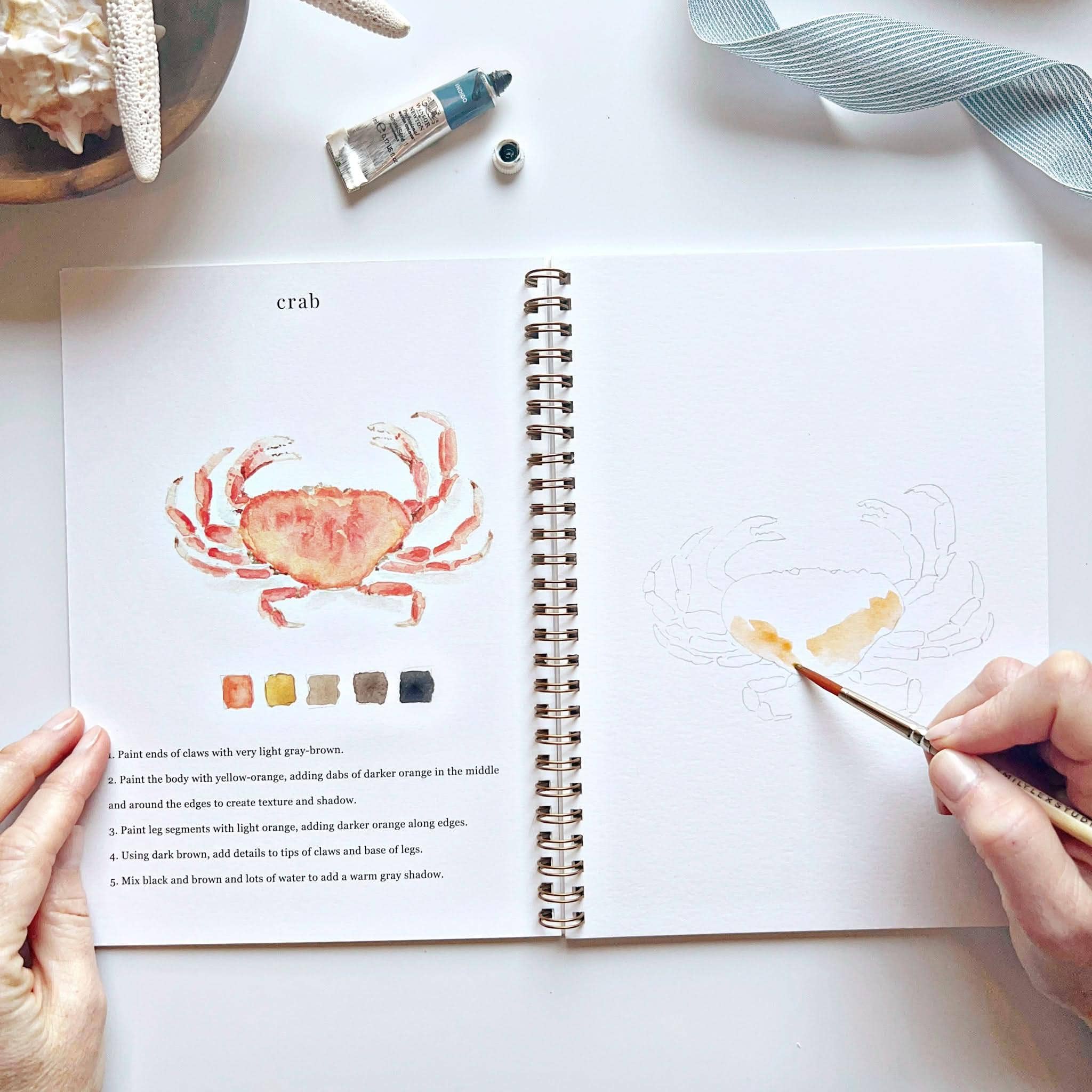 Artbook with a crab illustration and painting guide, hands holding a brush.