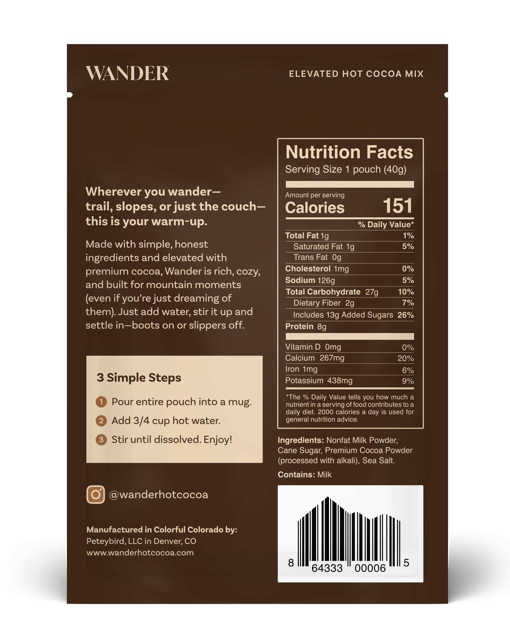 Wander hot cocoa mix package with nutrition facts and ingredients on a white background