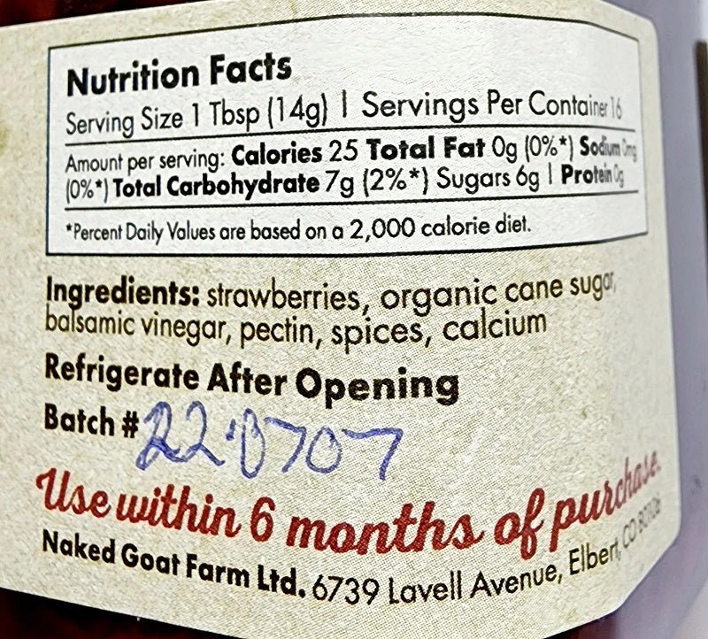 Naked Goat Farm Strawberry Balsamic Jam Nutrition Facts