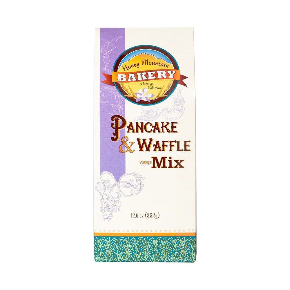 Honey Mountain Bakery Pancake & Waffle Mix packaging on a white background
