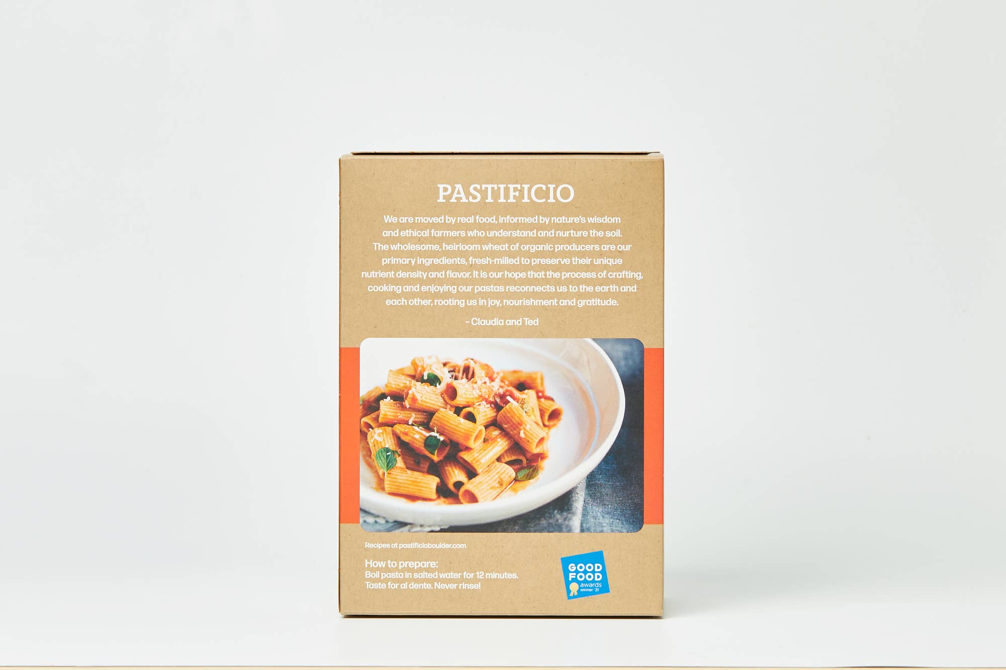 Cardboard box of Pastificio with a pasta dish image on a white background
