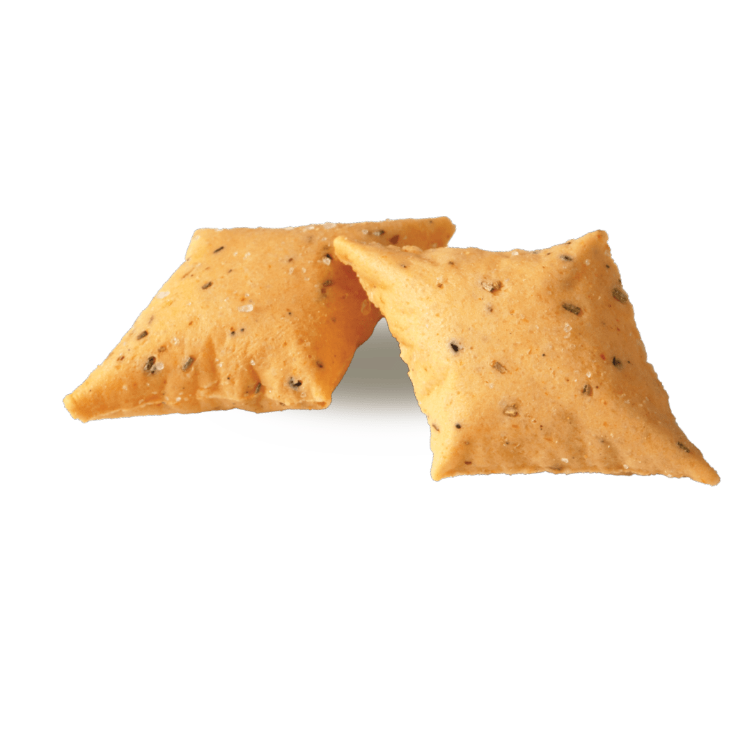 Two square golden-brown crackers with visible herb and spice flecks, arranged on a plain white background.