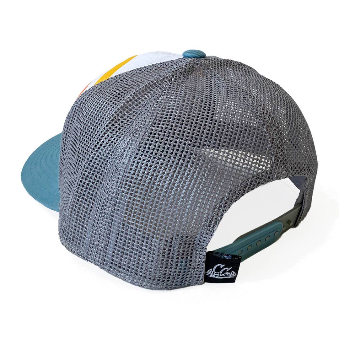 Gray mesh cap with colorful brim on a white background