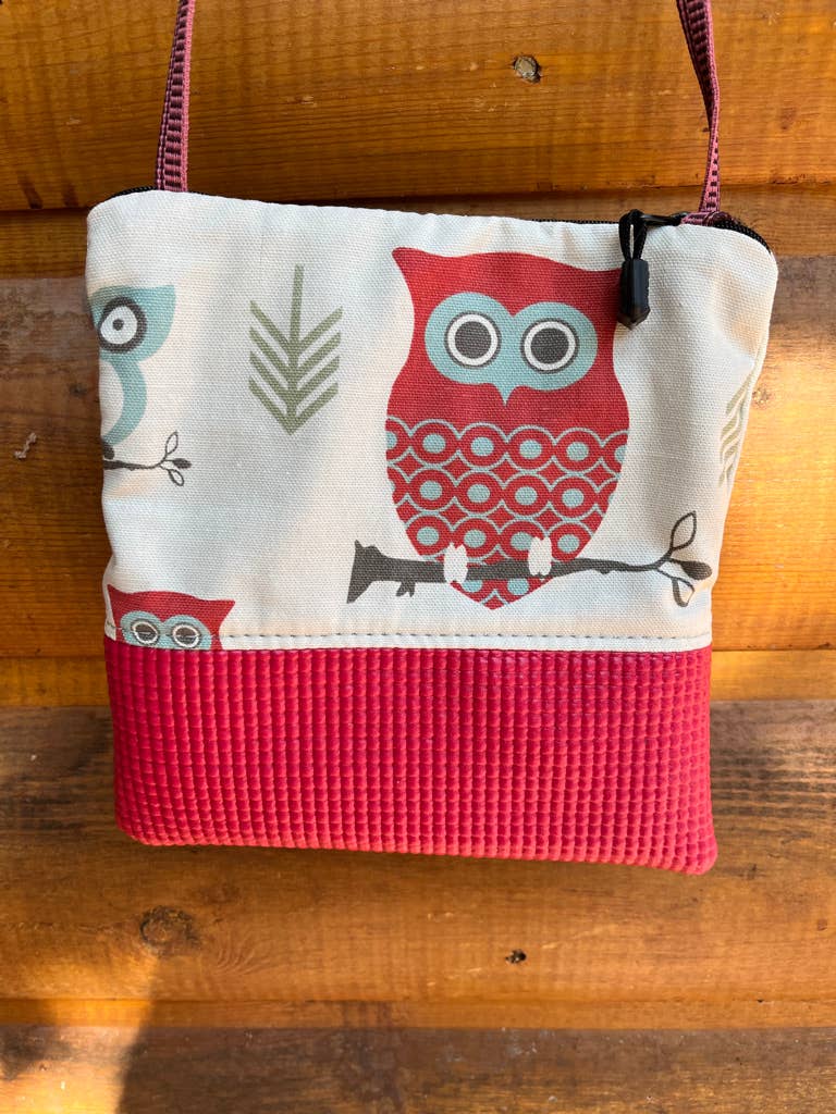 Small purse with owl design on a wooden surface