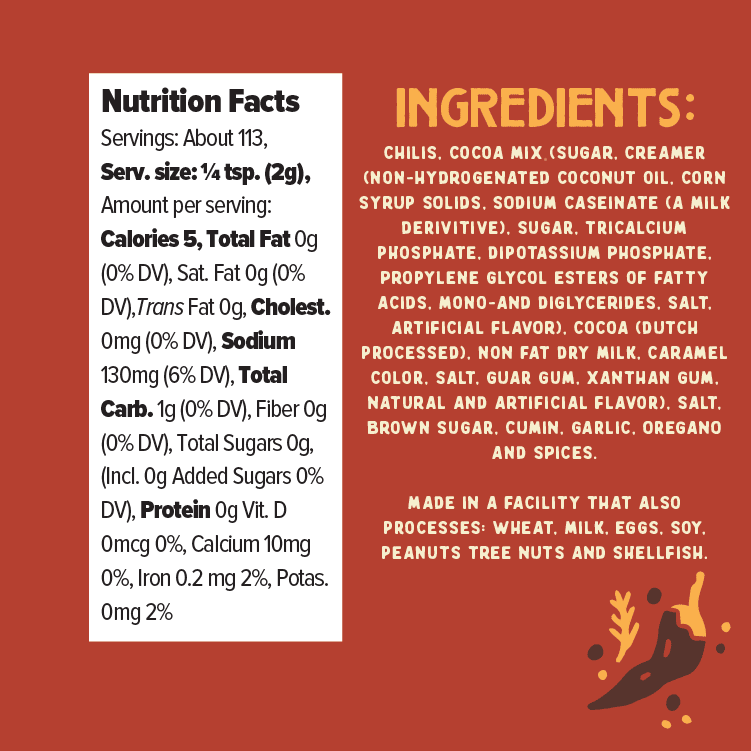 Nutrition facts and ingredients list on a red background