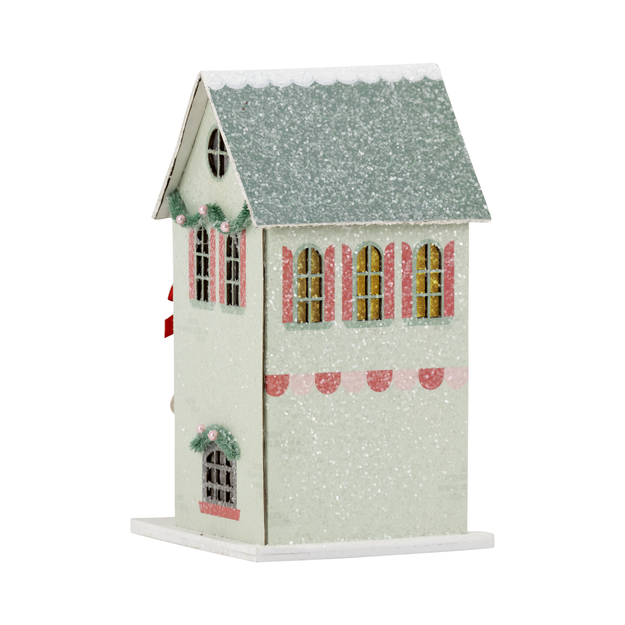 Decorative birdhouse with a snowy roof on a white background