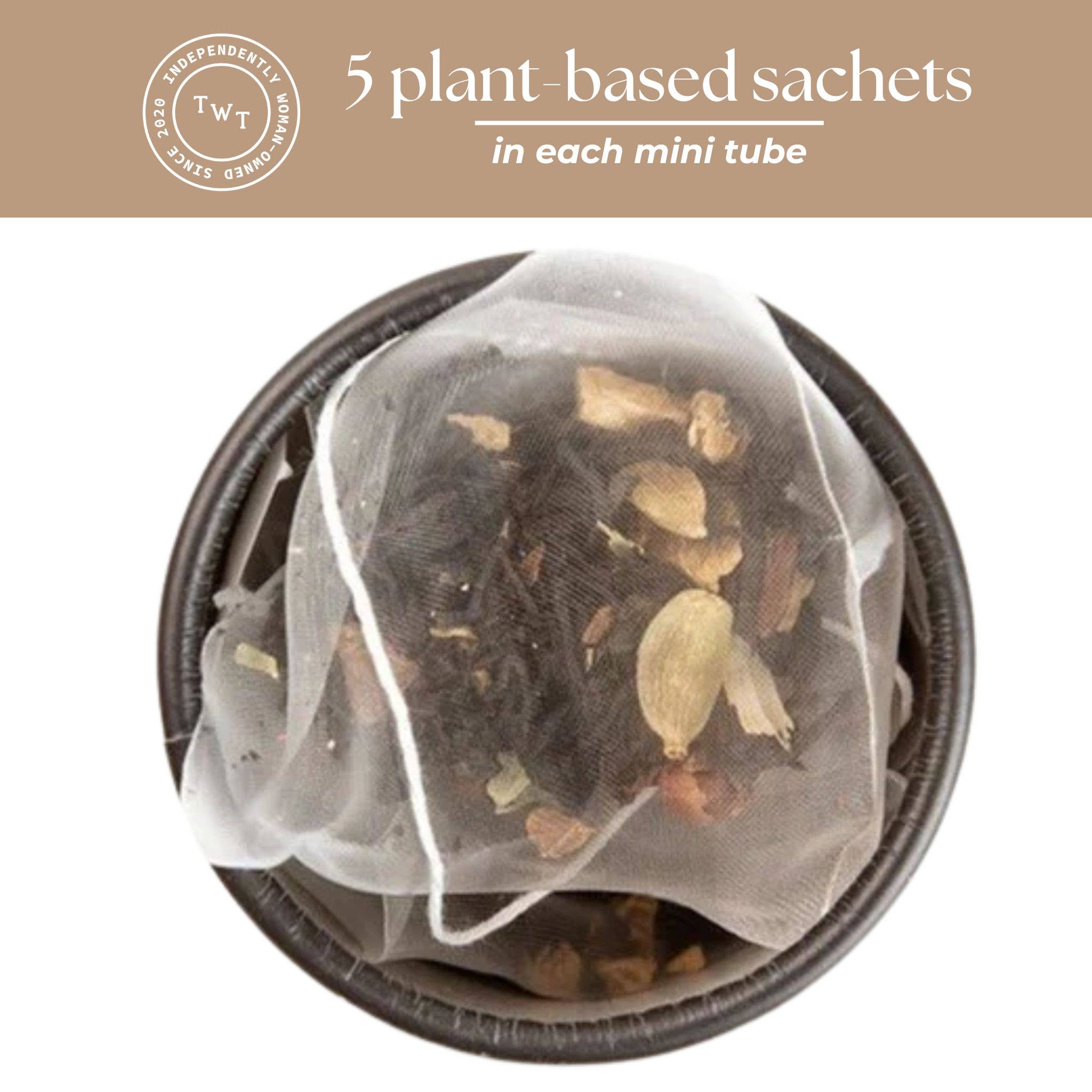 Tea bag with plant-based sachets in a mini tube, featuring TWT logo.