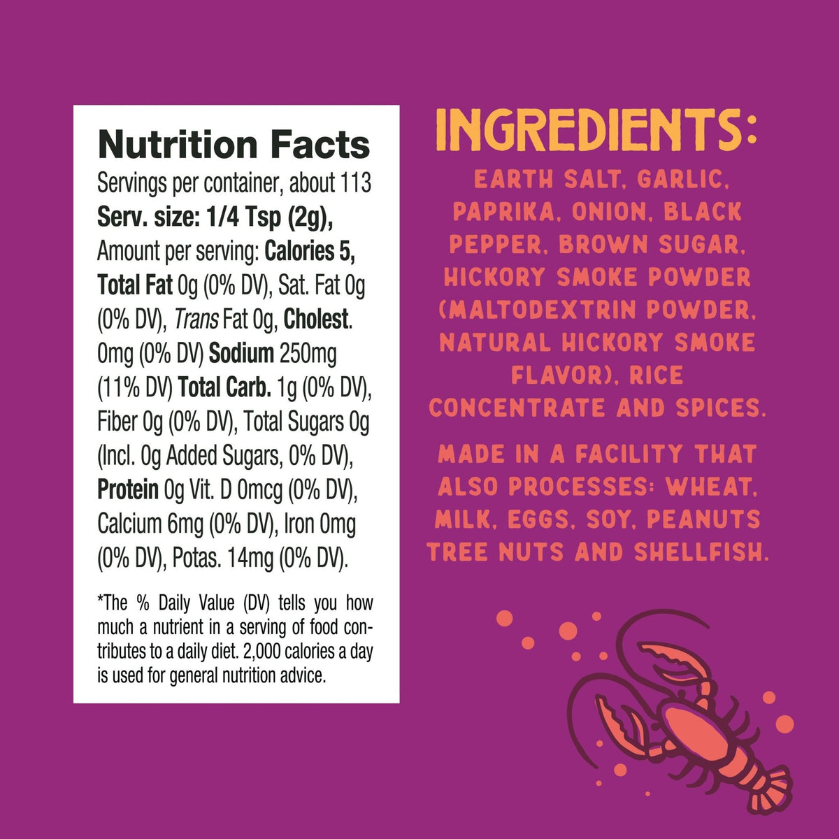 Nutrition facts and ingredients list on a purple background with a lobster illustration.