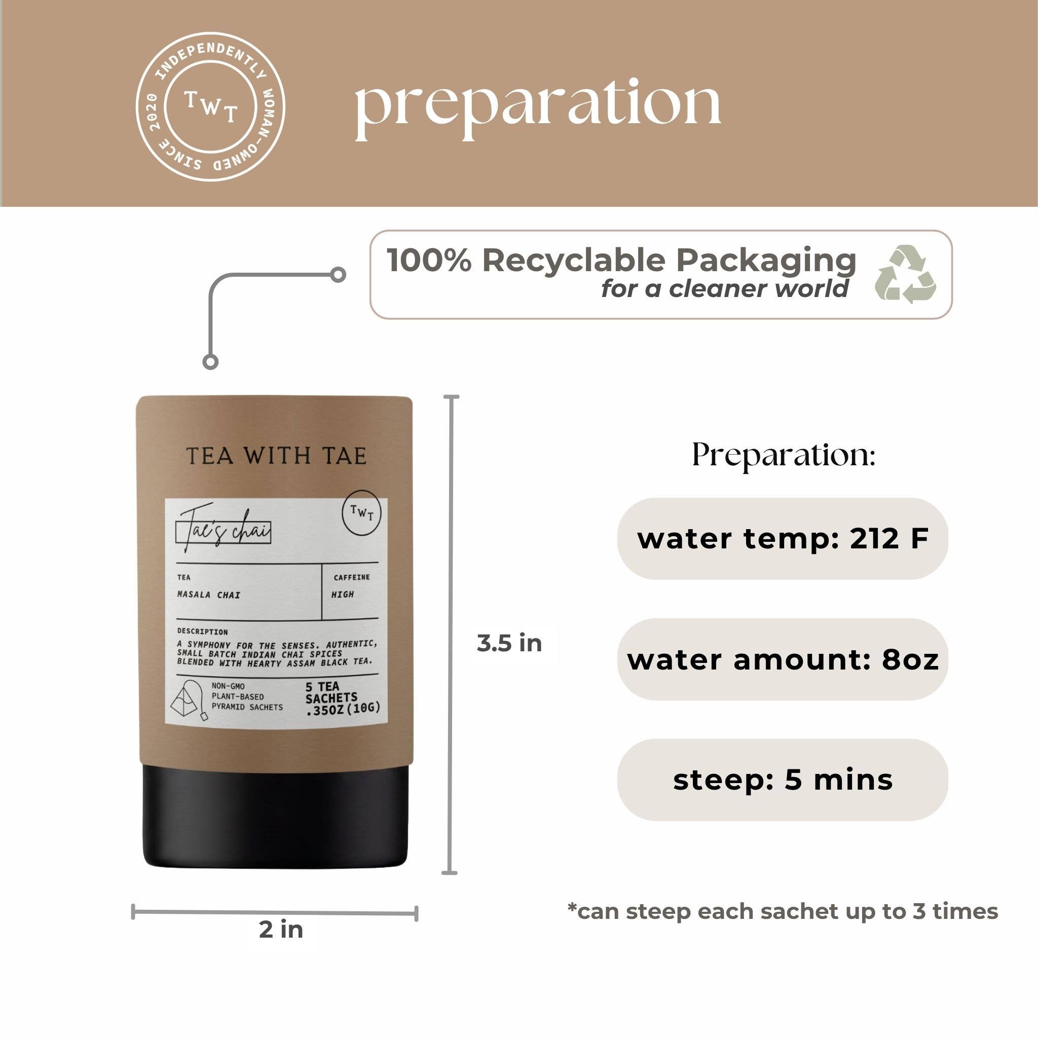 Tea package with preparation instructions and 100% recyclable packaging label.
