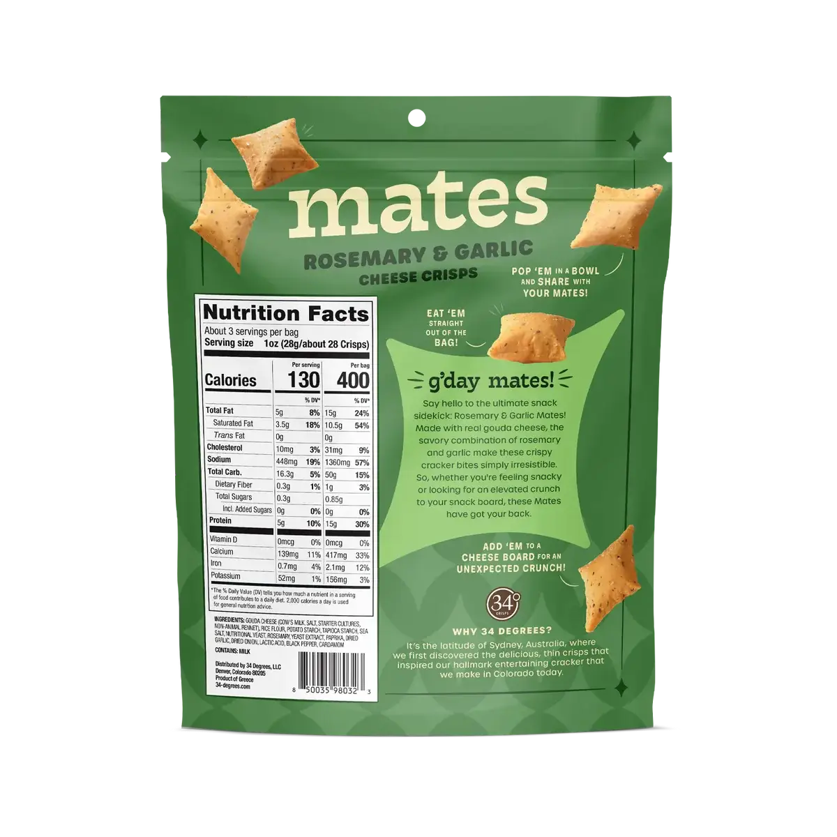 A green bag of Mates Rosemary & Garlic Cheese Crisps, showing the back of the packaging with the nutrition facts, product description, and a few cheese crisps illustrated on the surface.