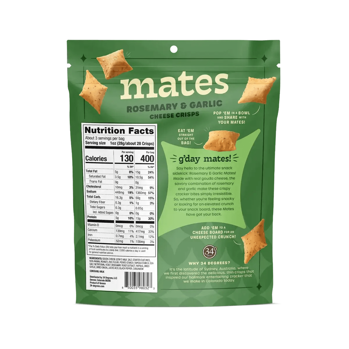 A green bag of Mates Rosemary & Garlic Cheese Crisps, showing the back of the packaging with the nutrition facts, product description, and a few cheese crisps illustrated on the surface.