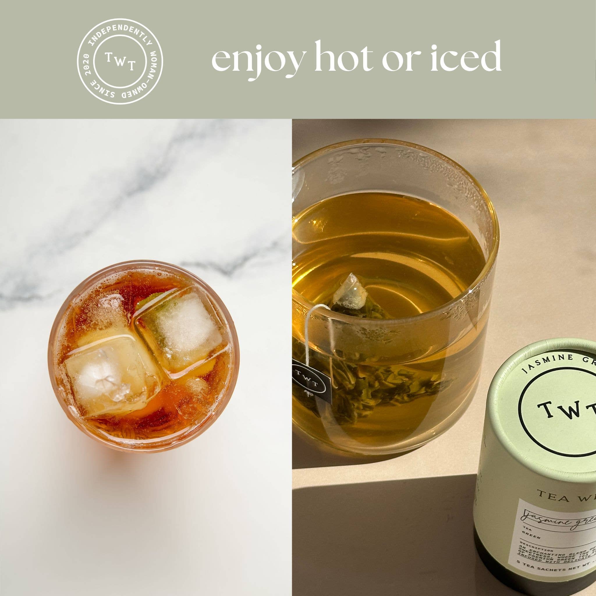 Two glasses of iced tea and a glass of hot tea with a tea bag, next to a canister labeled &