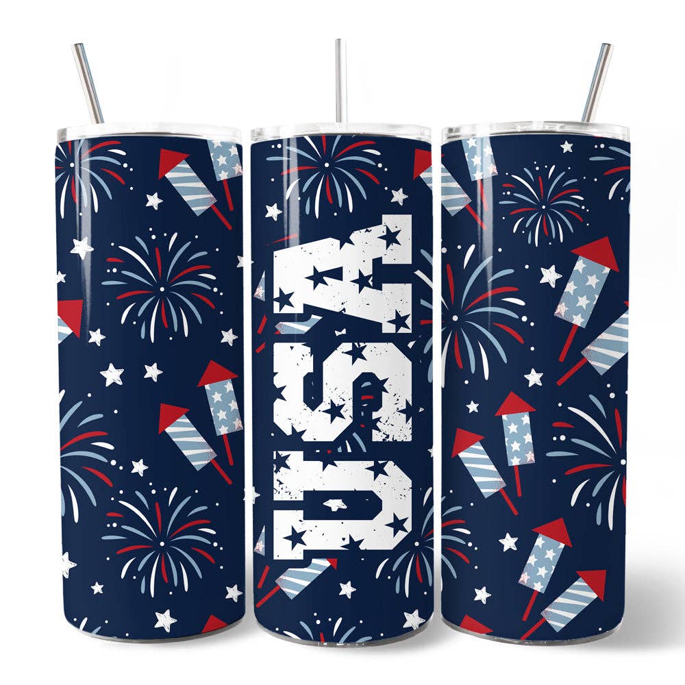 Three tumblers with USA-themed designs featuring fireworks and stars on a blue background.
