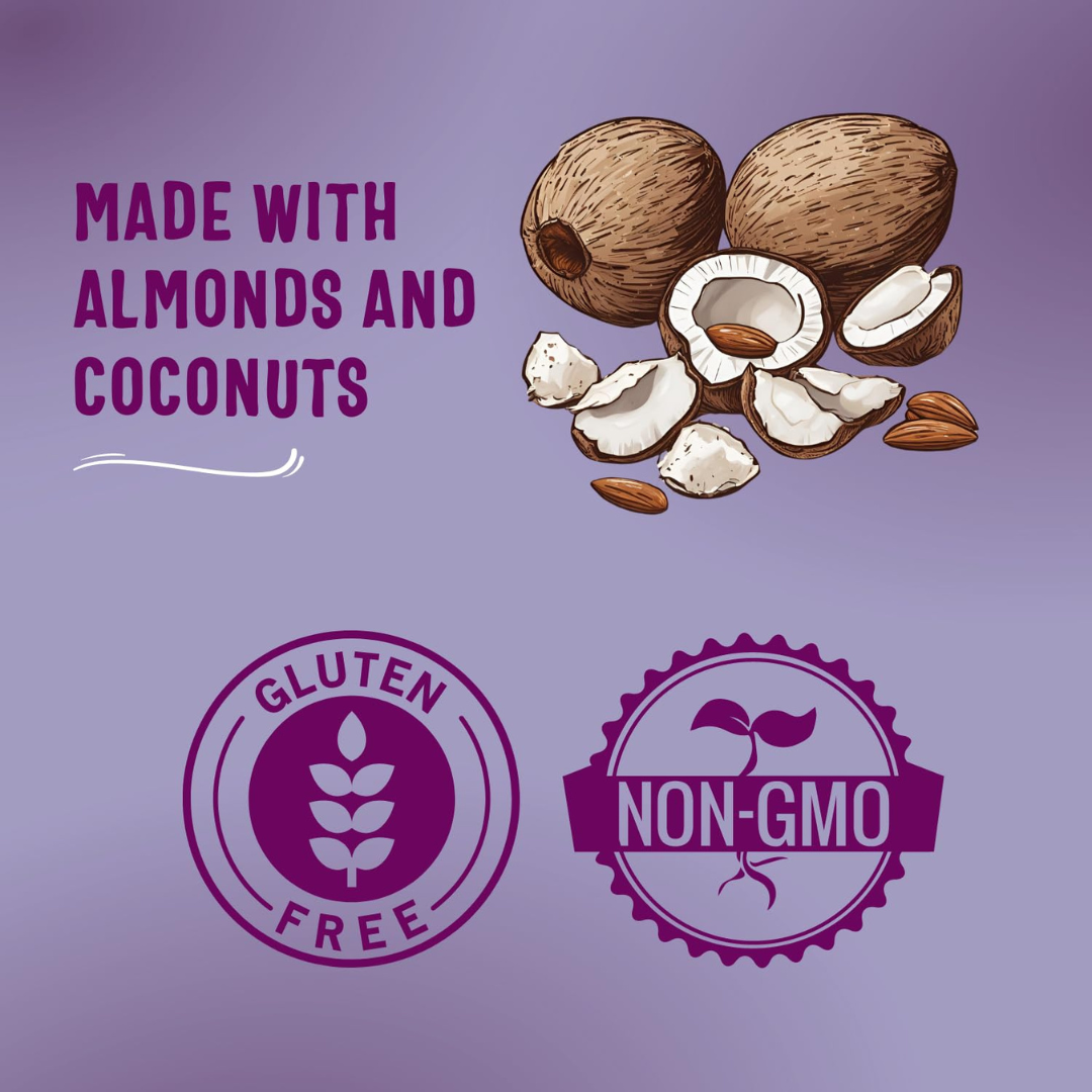 Product label with almonds, coconuts, gluten-free, and non-GMO stamps on a purple background.
