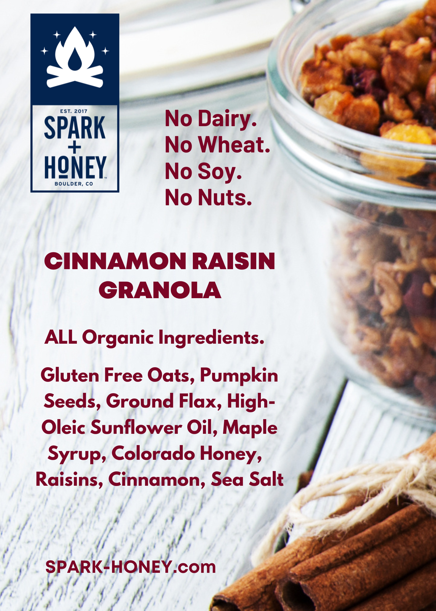 Advertisement for Spark + Honey cinnamon raisin granola with ingredients listed.