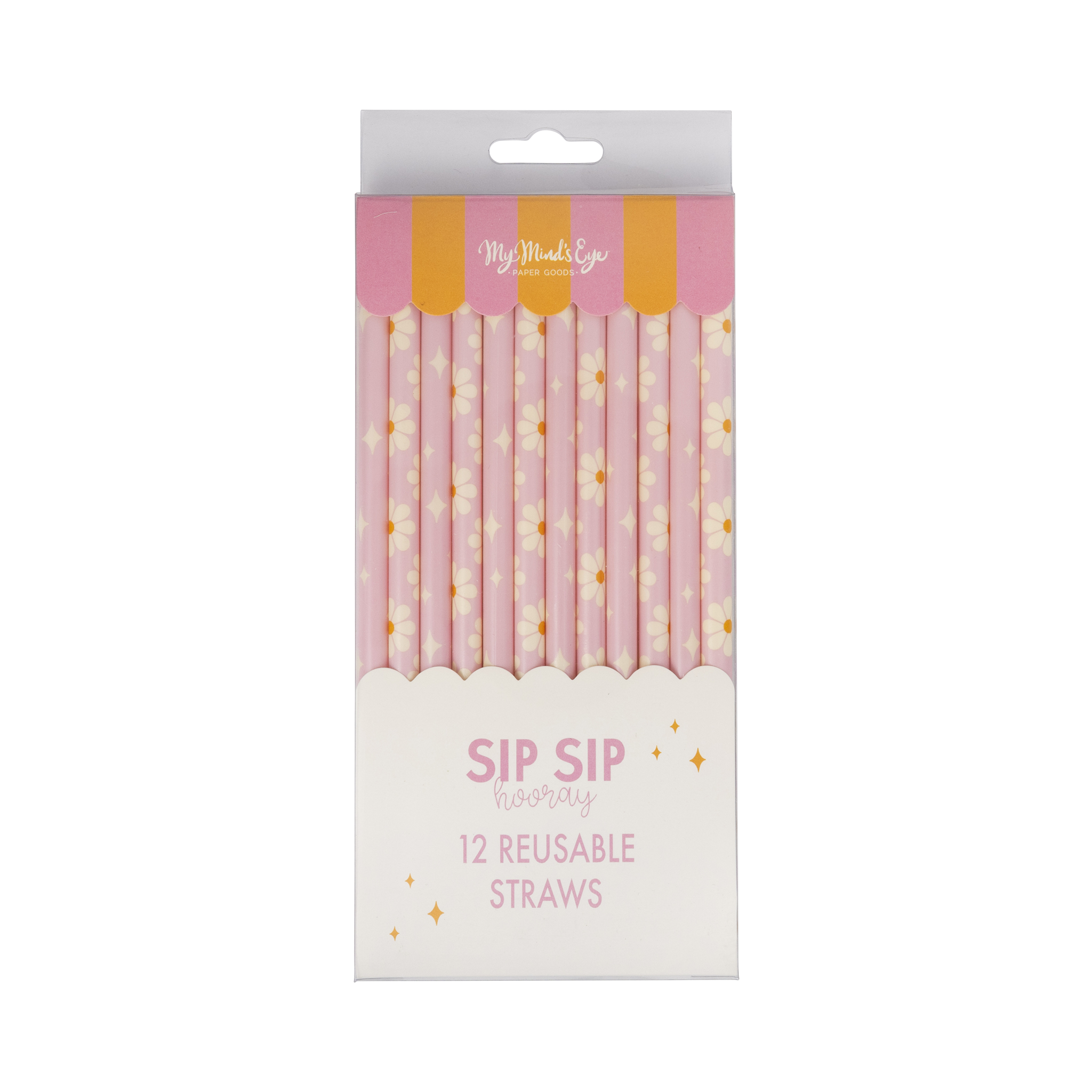 Pack of pink reusable straws with gold stars on a white background