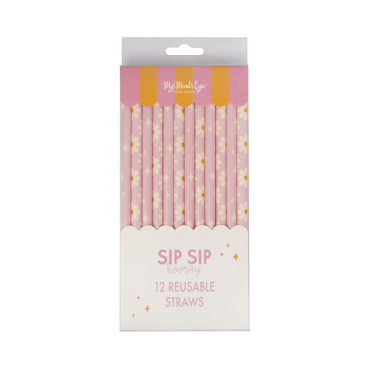 Pack of pink reusable straws with gold stars on a white background