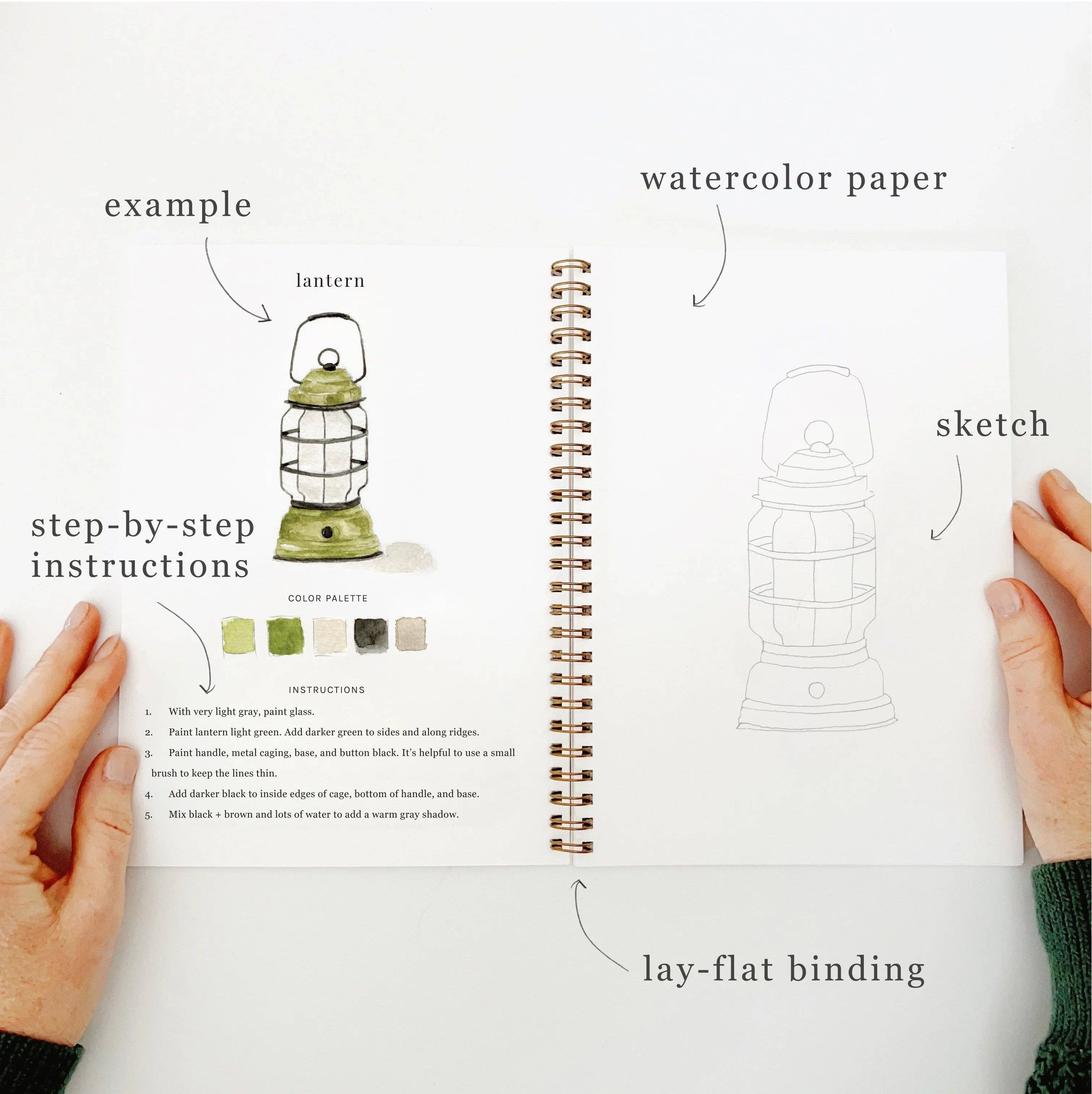 Open book with illustrations of a lantern, watercolor paper, and lay-flat binding.