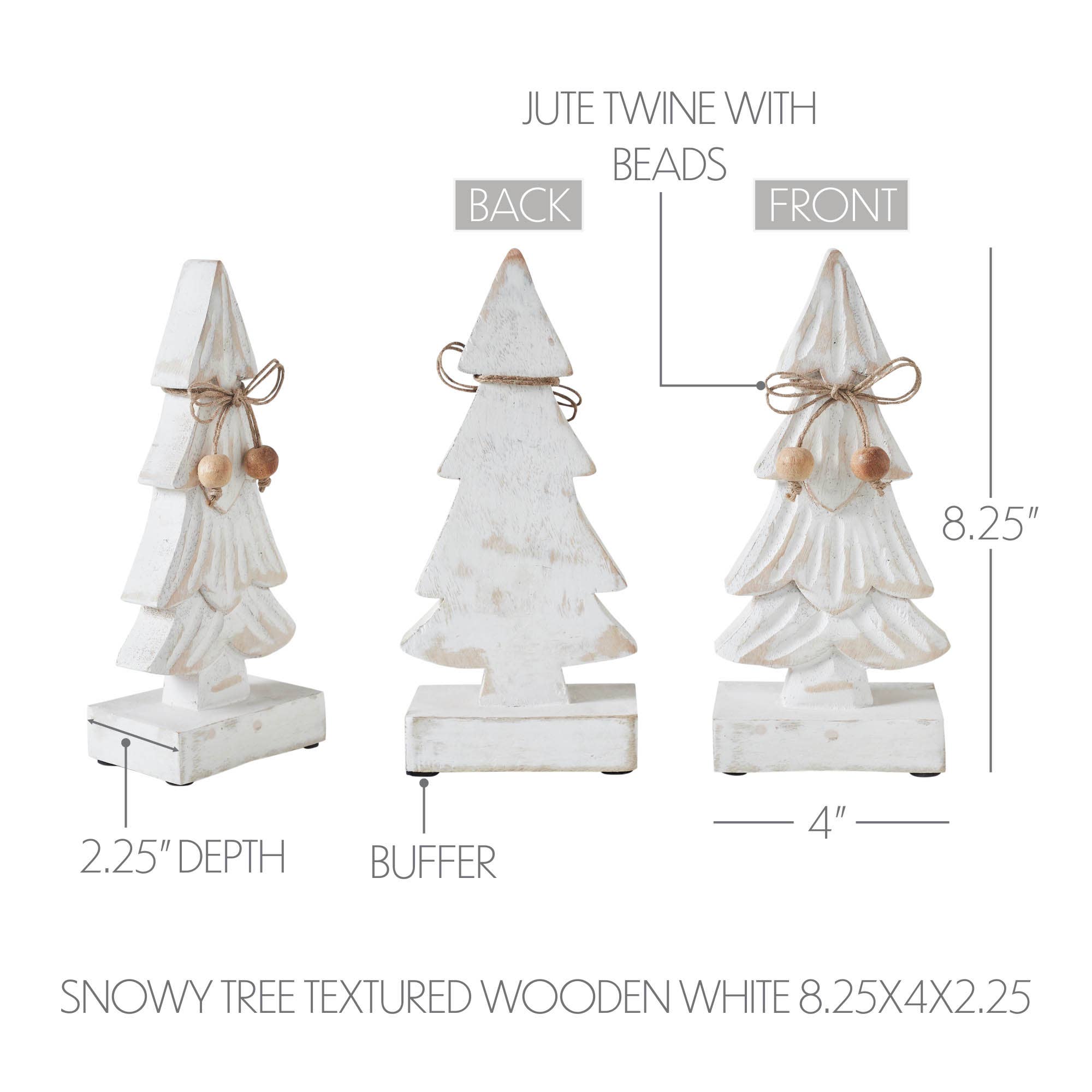 Textured wooden white snowy trees with jute twine and beads, showing measurements and details.