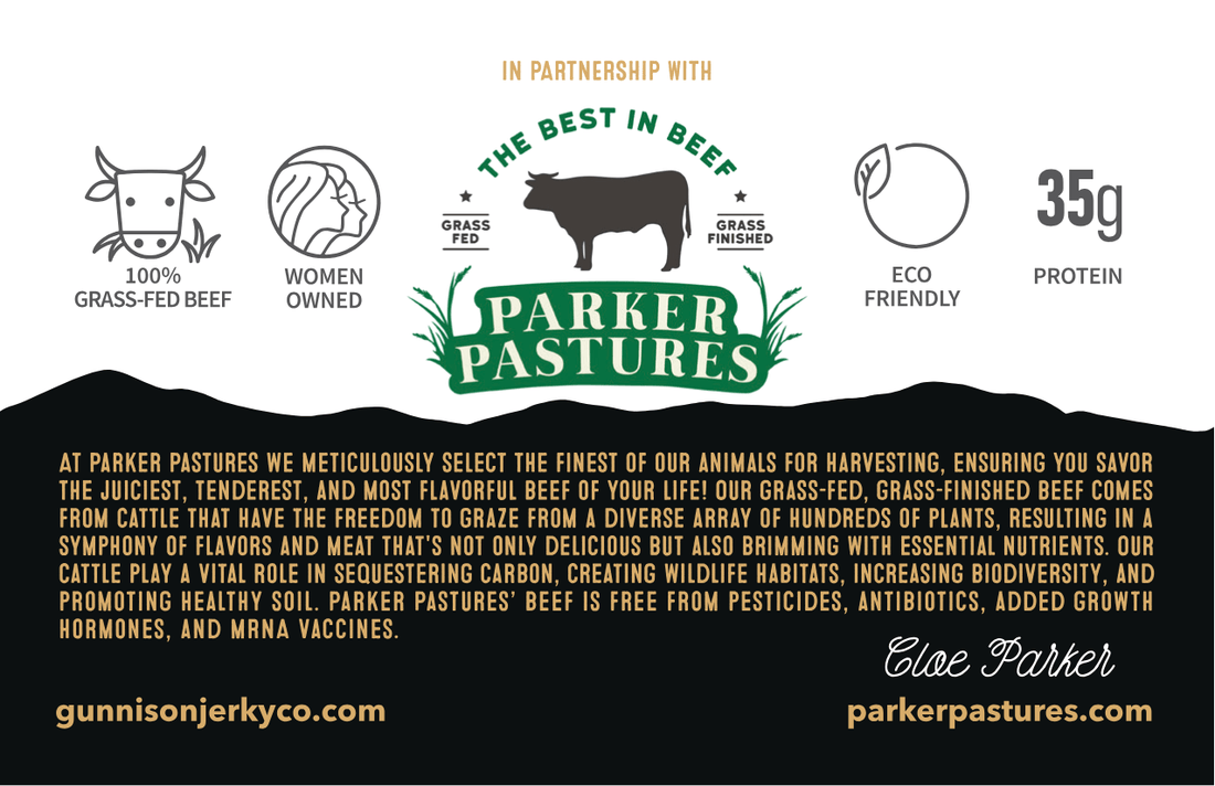 Parker Pastures branding and product information on a white background