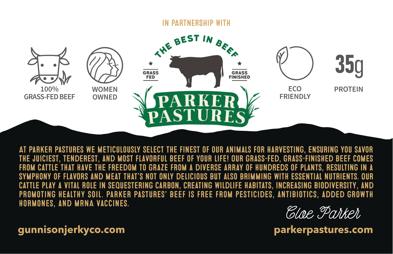 Parker Pastures branding and product information on a white background