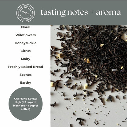 Tea leaves with tasting notes and aroma description on a white background