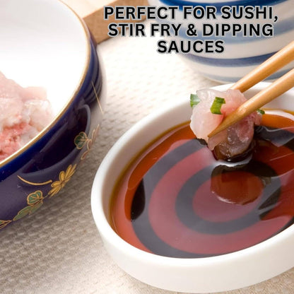 A close-up of a small white dipping bowl filled with dark soy sauce, with chopsticks holding a piece of sushi above the bowl. Part of a blue patterned bowl with raw fish is visible on the left, and text at the top reads &