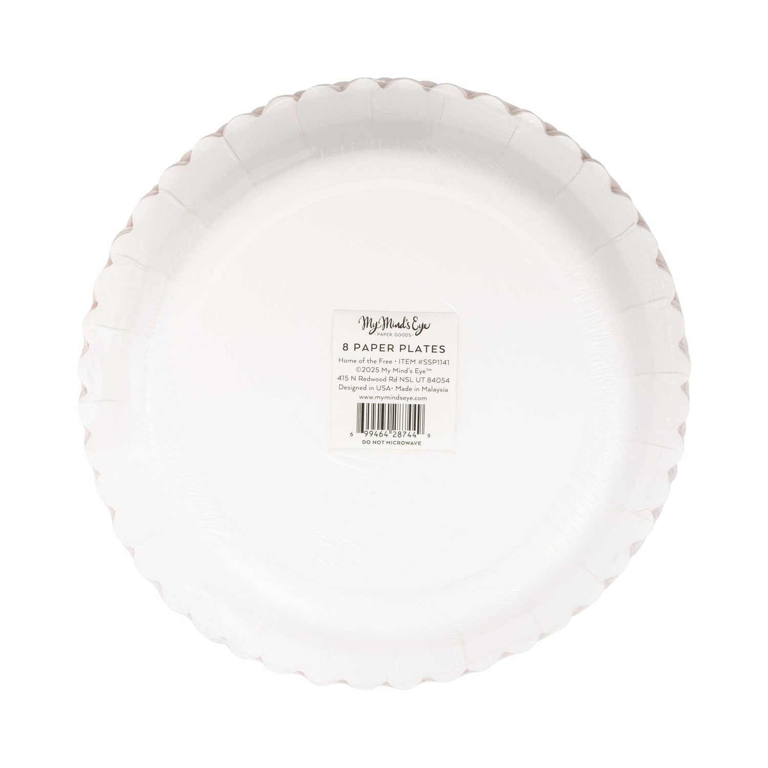 White paper plate with a label on a white background