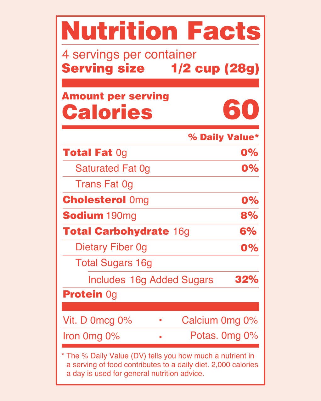 A Nutrition Facts label for a serving size of 1/2 cup (28g) with 60 calories per serving, shown on a pale pink background. The label has a white background with red text and borders, detailing nutrients such as total fat, saturated fat, cholesterol, sodium, total carbohydrate, dietary fiber, sugars, and protein.