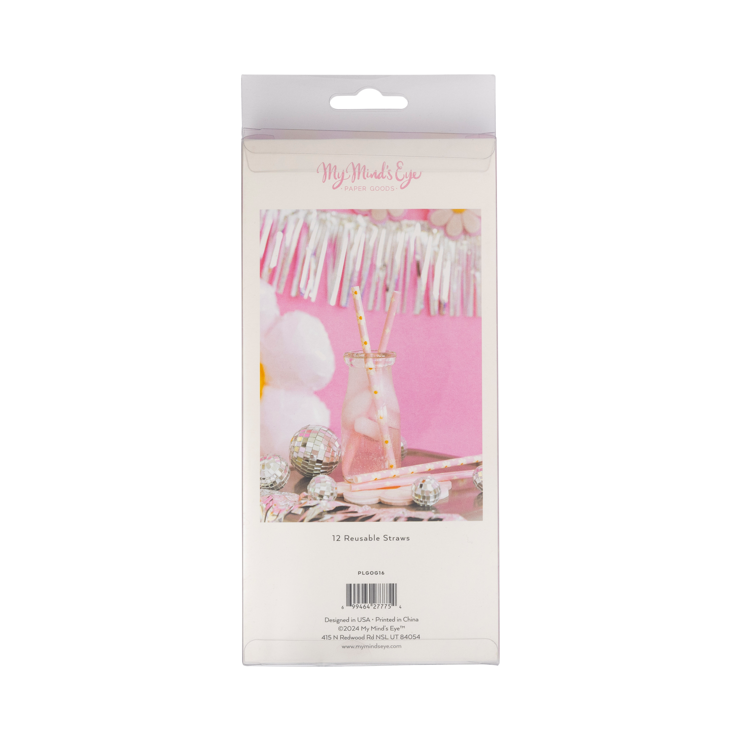 Packaging of decorative straws with a pink background and &