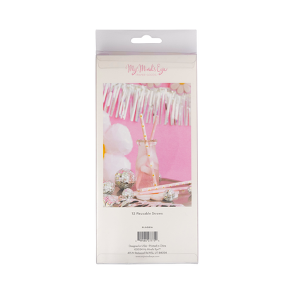 Packaging of decorative straws with a pink background and &