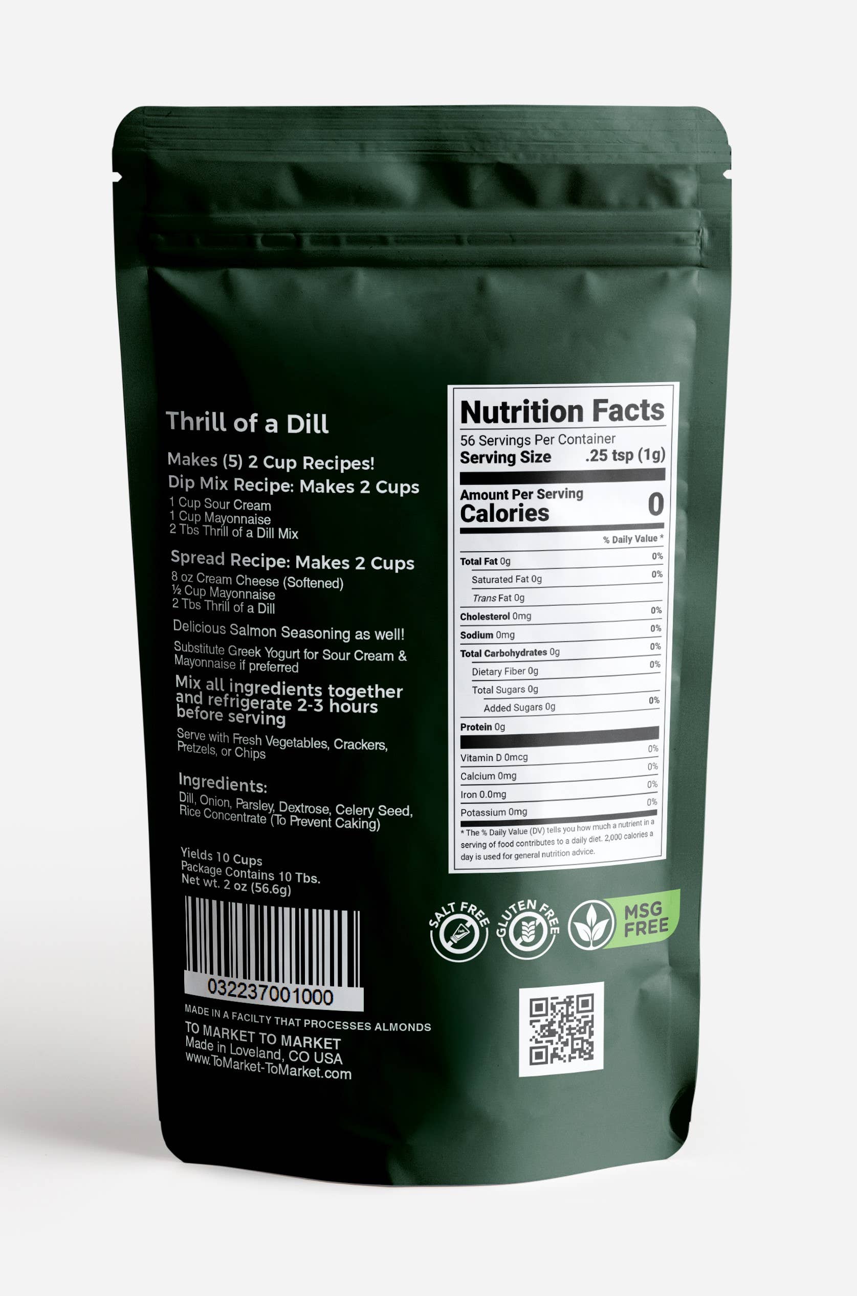 Back of a green seasoning packet with nutrition facts label on a white background
