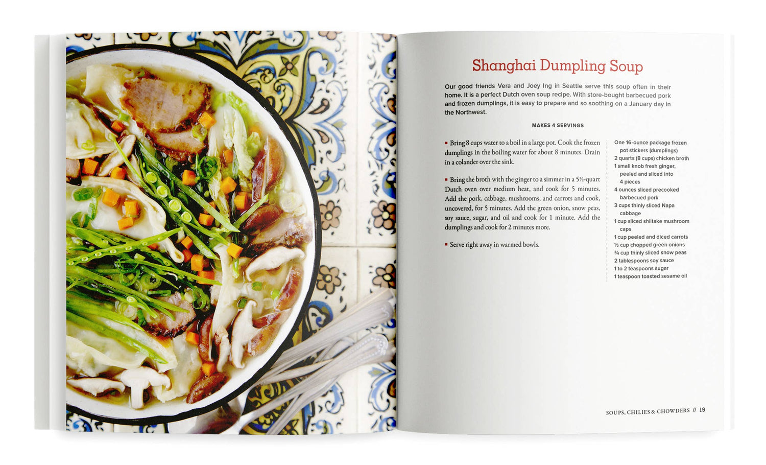 Open cookbook showing a recipe for Shanghai Dumpling Soup with a bowl of soup on the left page.
