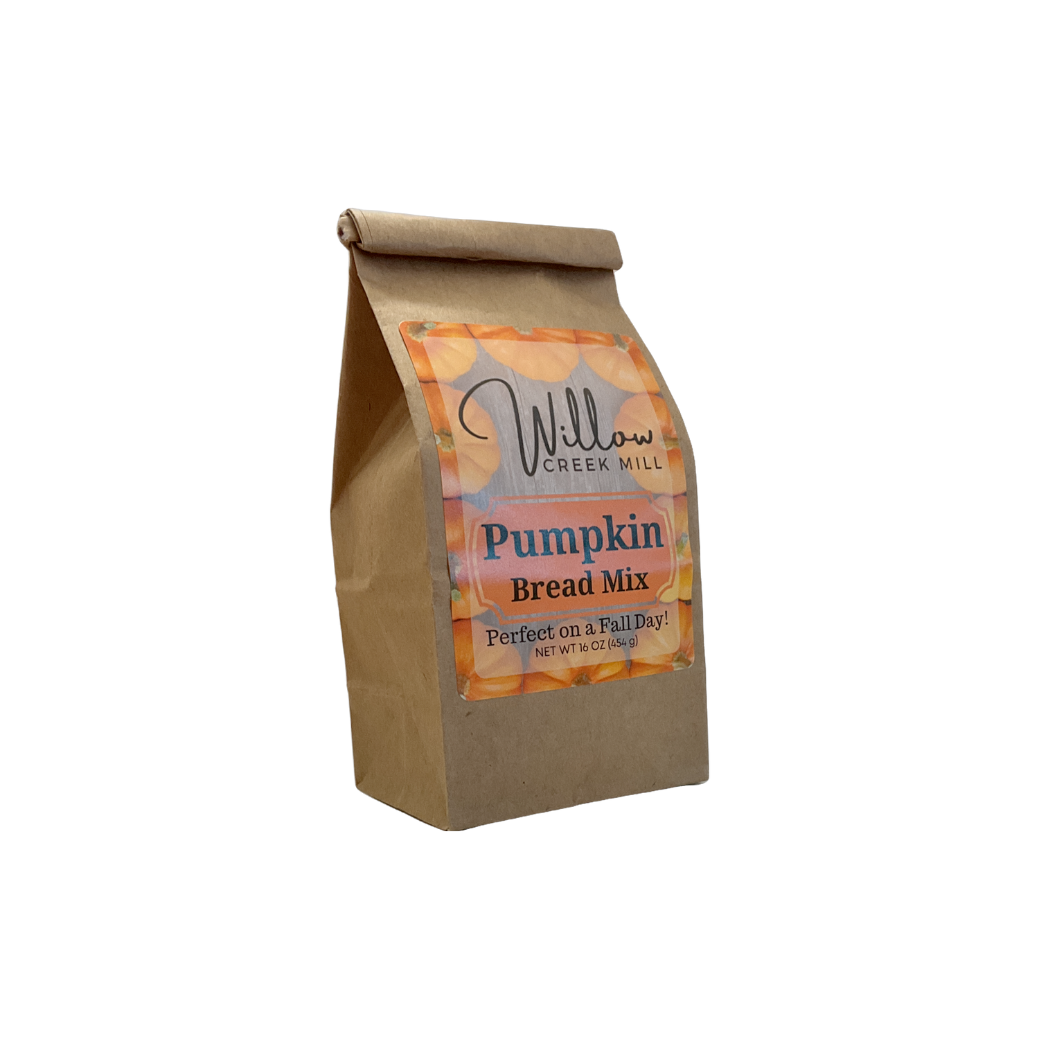 Kraft paper bag of Willow Creek Mill Pumpkin Bread Mix on a white background