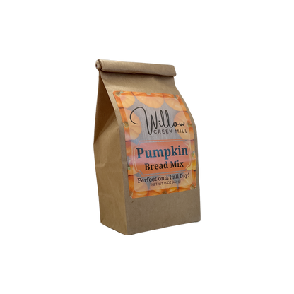 Kraft paper bag of Willow Creek Mill Pumpkin Bread Mix on a white background