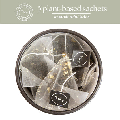 TWT plant-based sachets in a clear container with branding.