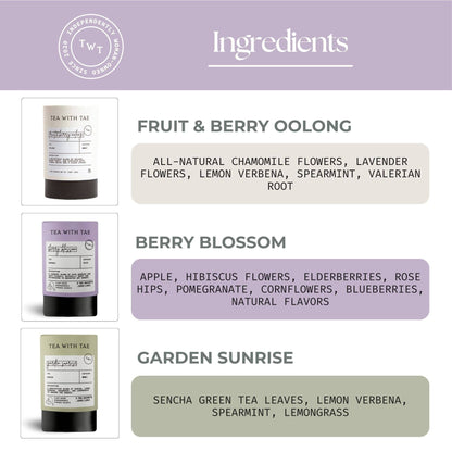 Tea packaging with ingredients listed on a purple background