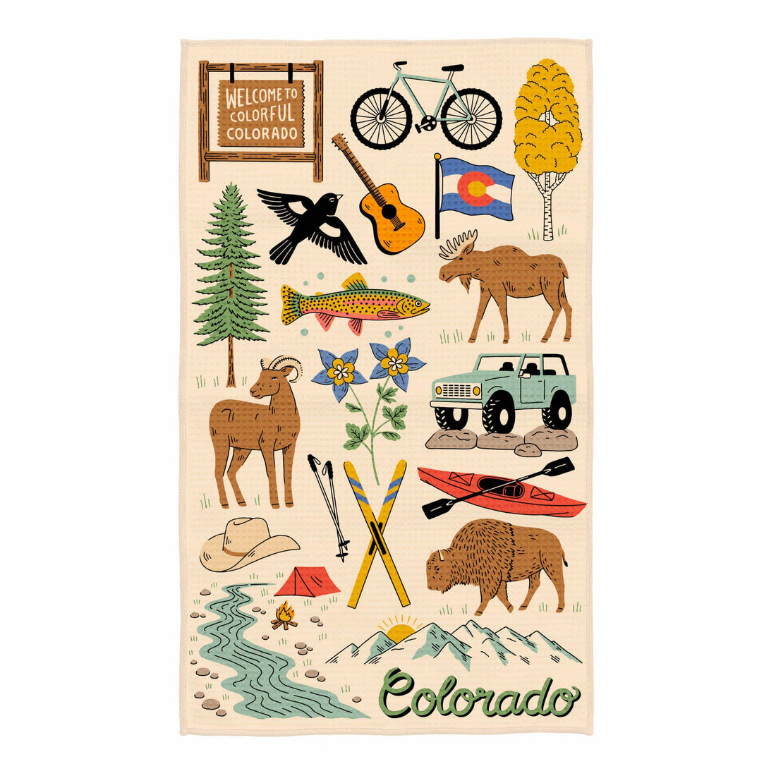 Illustrated tea towel of Colorado-themed elements on a beige background
