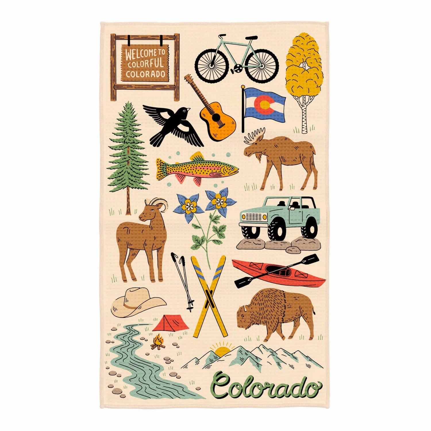 Illustrated tea towel of Colorado-themed elements on a beige background