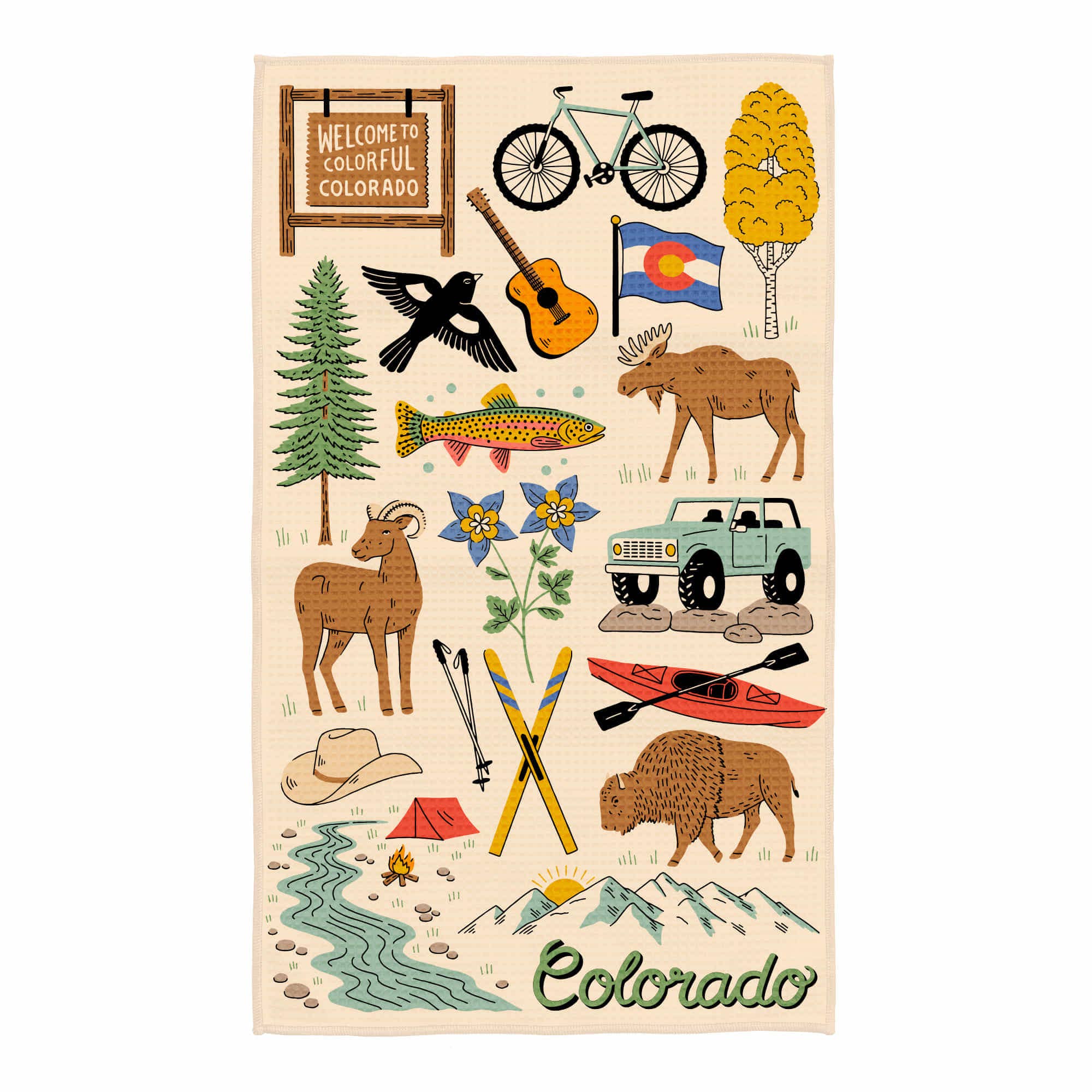 Illustrated tea towel of Colorado-themed elements on a beige background