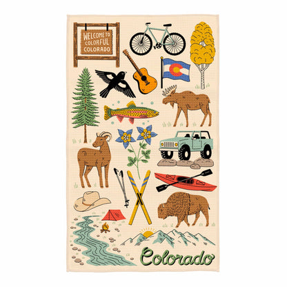Illustrated tea towel of Colorado-themed elements on a beige background