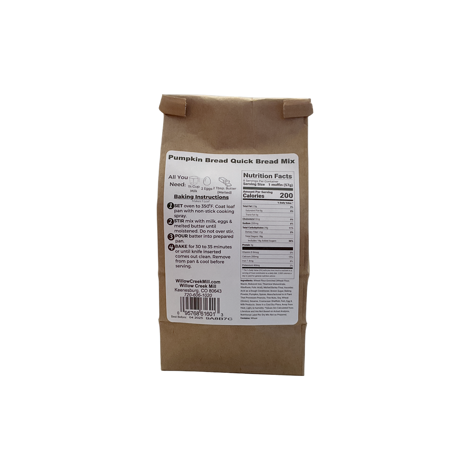 Brown paper bag with a label for pumpkin bread quick bread mix on a white background